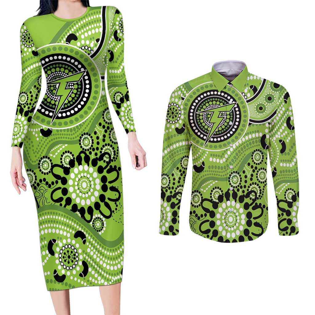 Thunder Cricket Custom Couples Matching Long Sleeve Bodycon Dress and Long Sleeve Button Shirt Australian Aboriginal