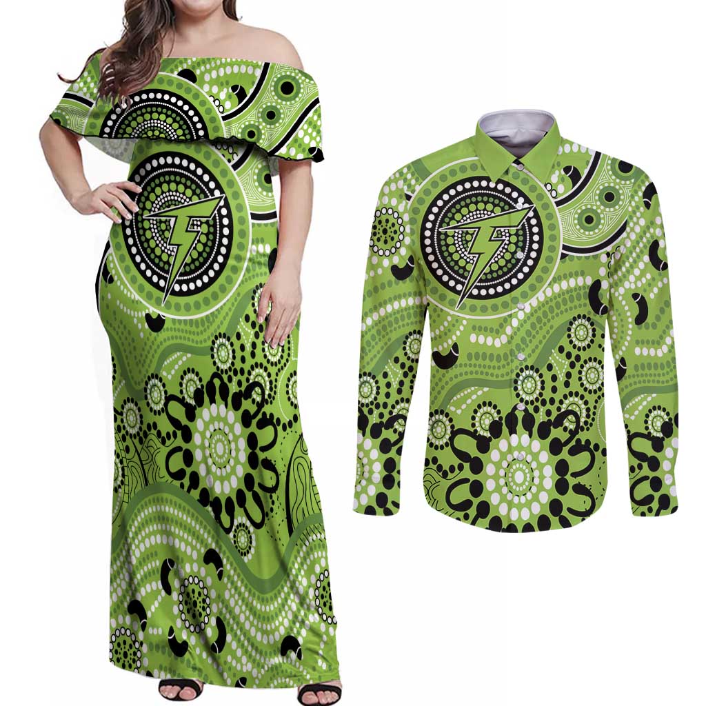 Thunder Cricket Custom Couples Matching Off Shoulder Maxi Dress and Long Sleeve Button Shirt Australian Aboriginal