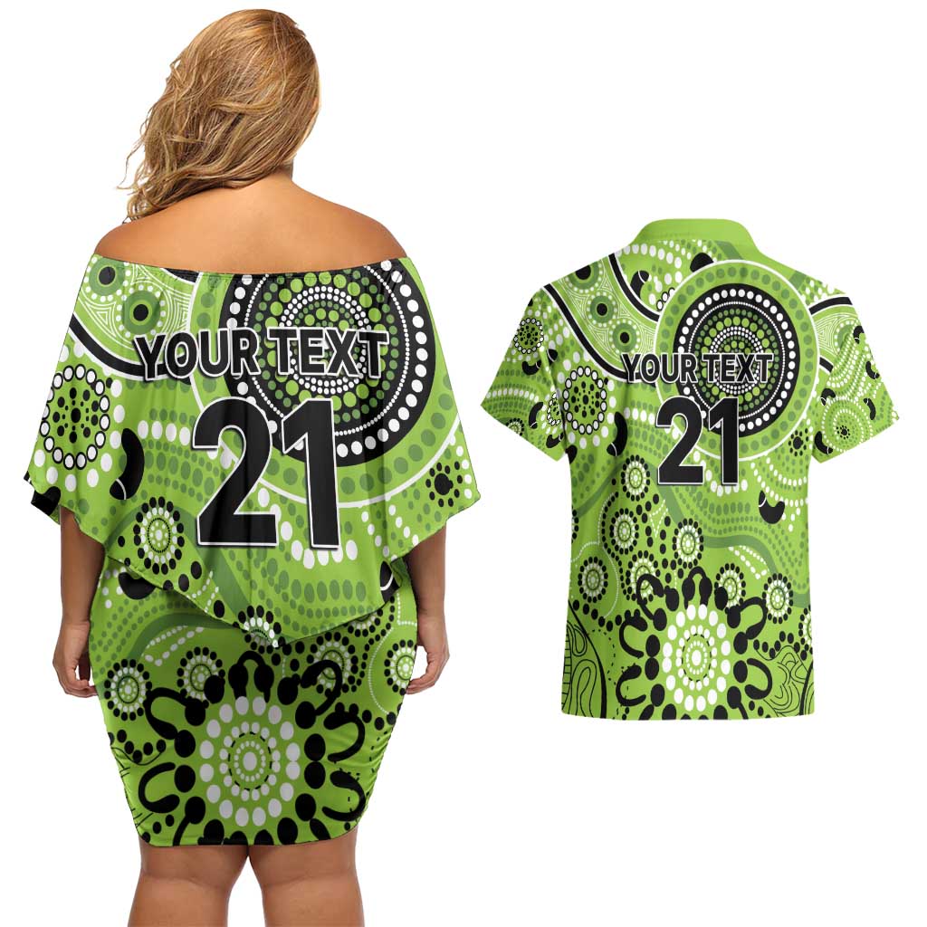 Thunder Cricket Custom Couples Matching Off Shoulder Short Dress and Hawaiian Shirt Australian Aboriginal