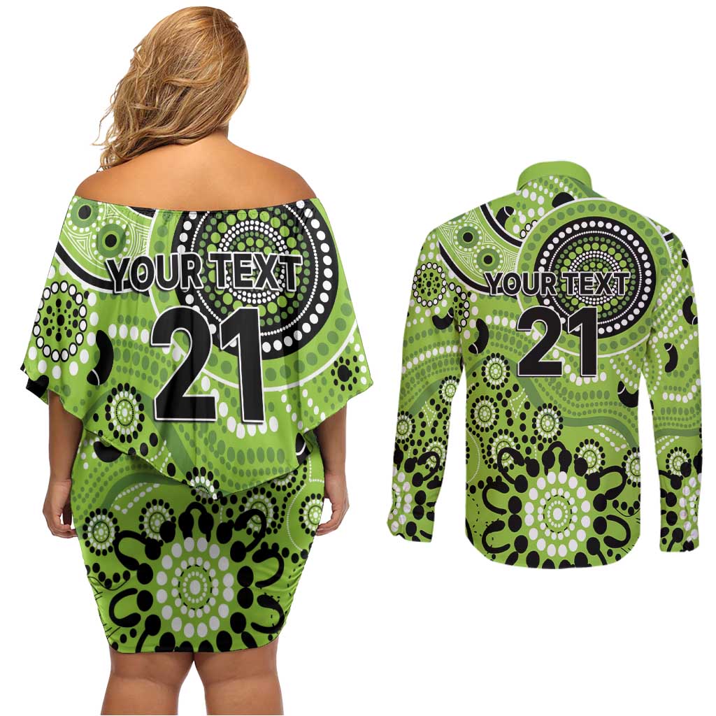 Thunder Cricket Custom Couples Matching Off Shoulder Short Dress and Long Sleeve Button Shirt Australian Aboriginal