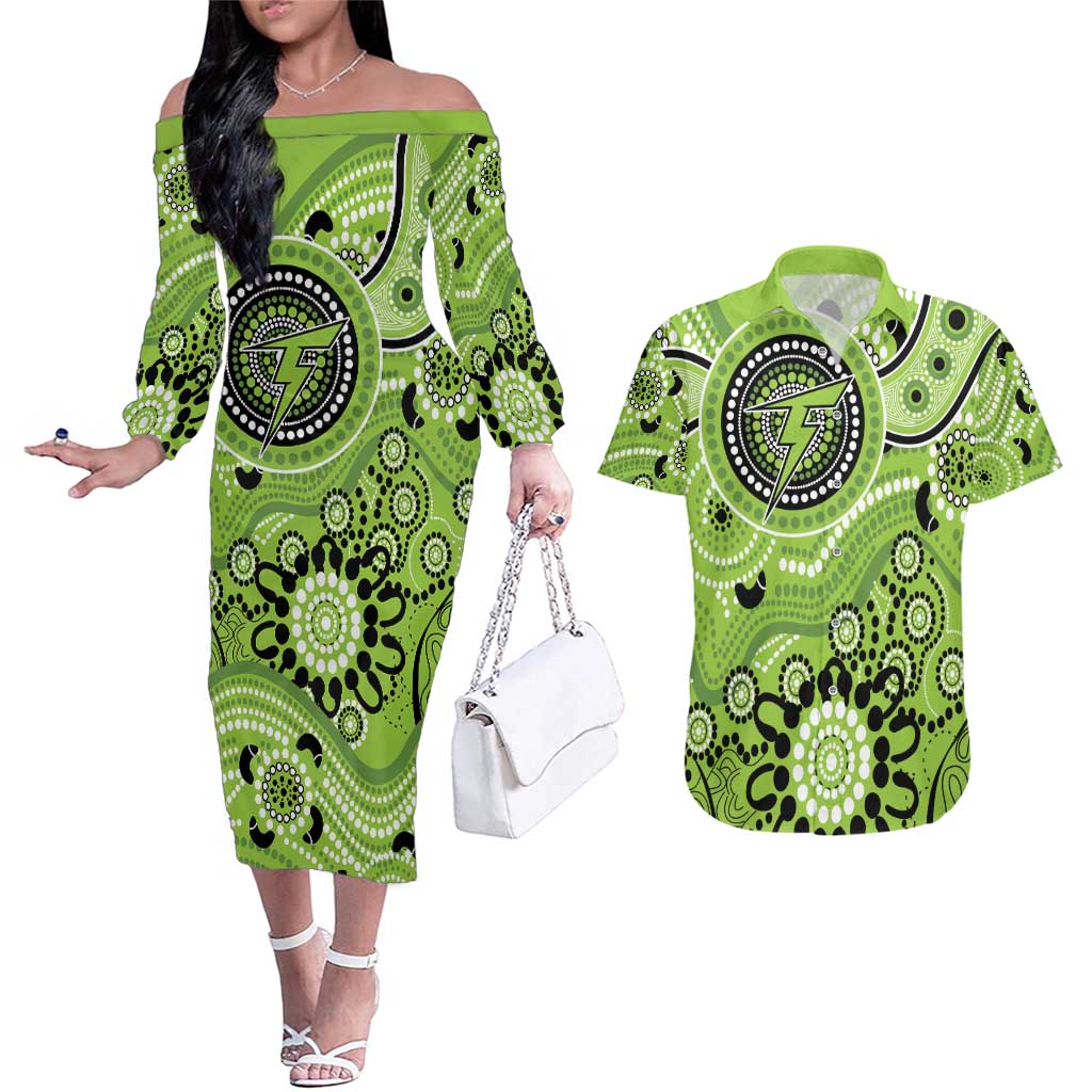 Thunder Cricket Custom Couples Matching Off The Shoulder Long Sleeve Dress and Hawaiian Shirt Australian Aboriginal