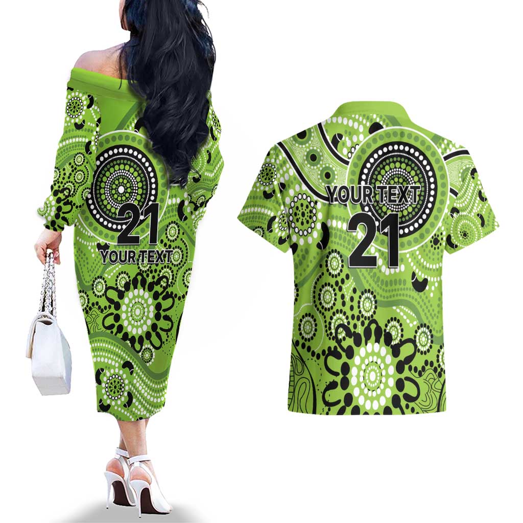 Thunder Cricket Custom Couples Matching Off The Shoulder Long Sleeve Dress and Hawaiian Shirt Australian Aboriginal