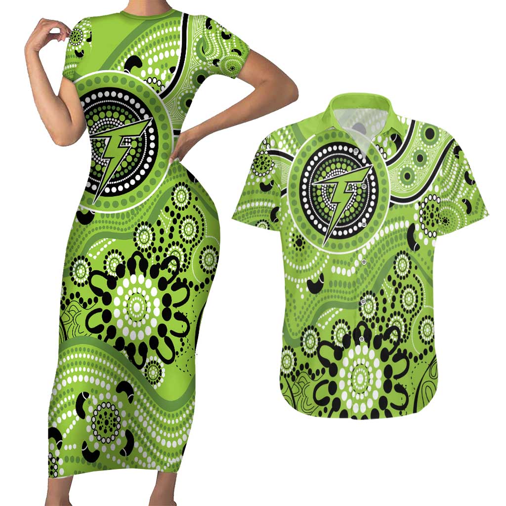 Thunder Cricket Custom Couples Matching Short Sleeve Bodycon Dress and Hawaiian Shirt Australian Aboriginal