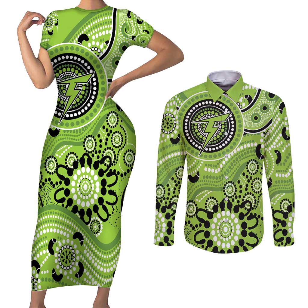 Thunder Cricket Custom Couples Matching Short Sleeve Bodycon Dress and Long Sleeve Button Shirt Australian Aboriginal