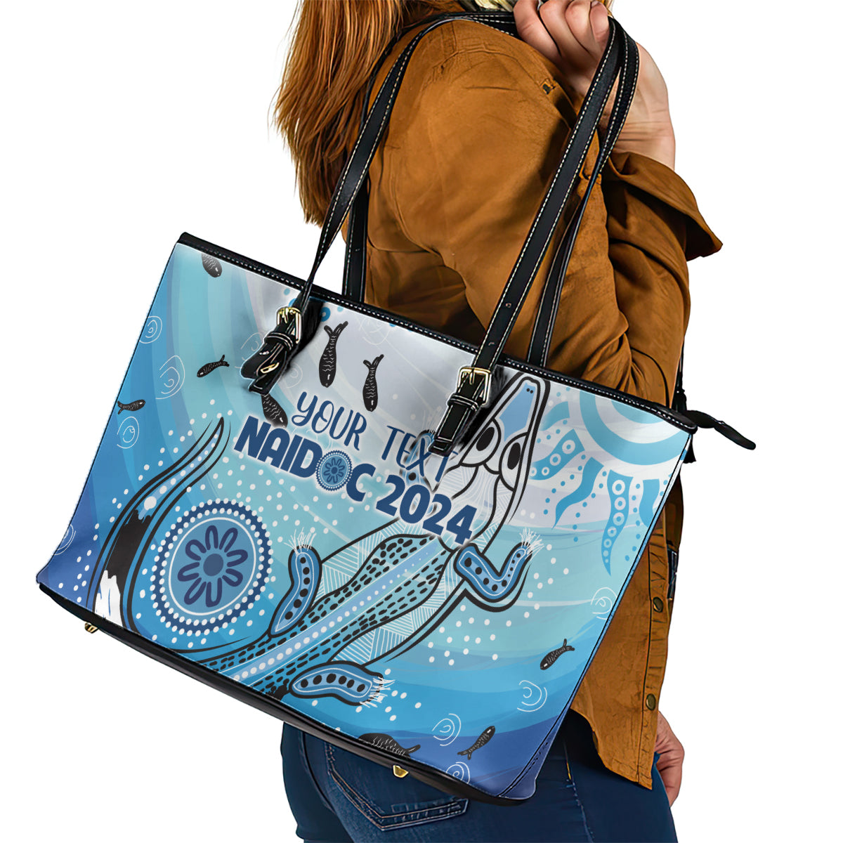 Personalised Keep the Fire Burning NAIDOC 2024 Leather Tote Bag Aboriginal Dot with Crocodile