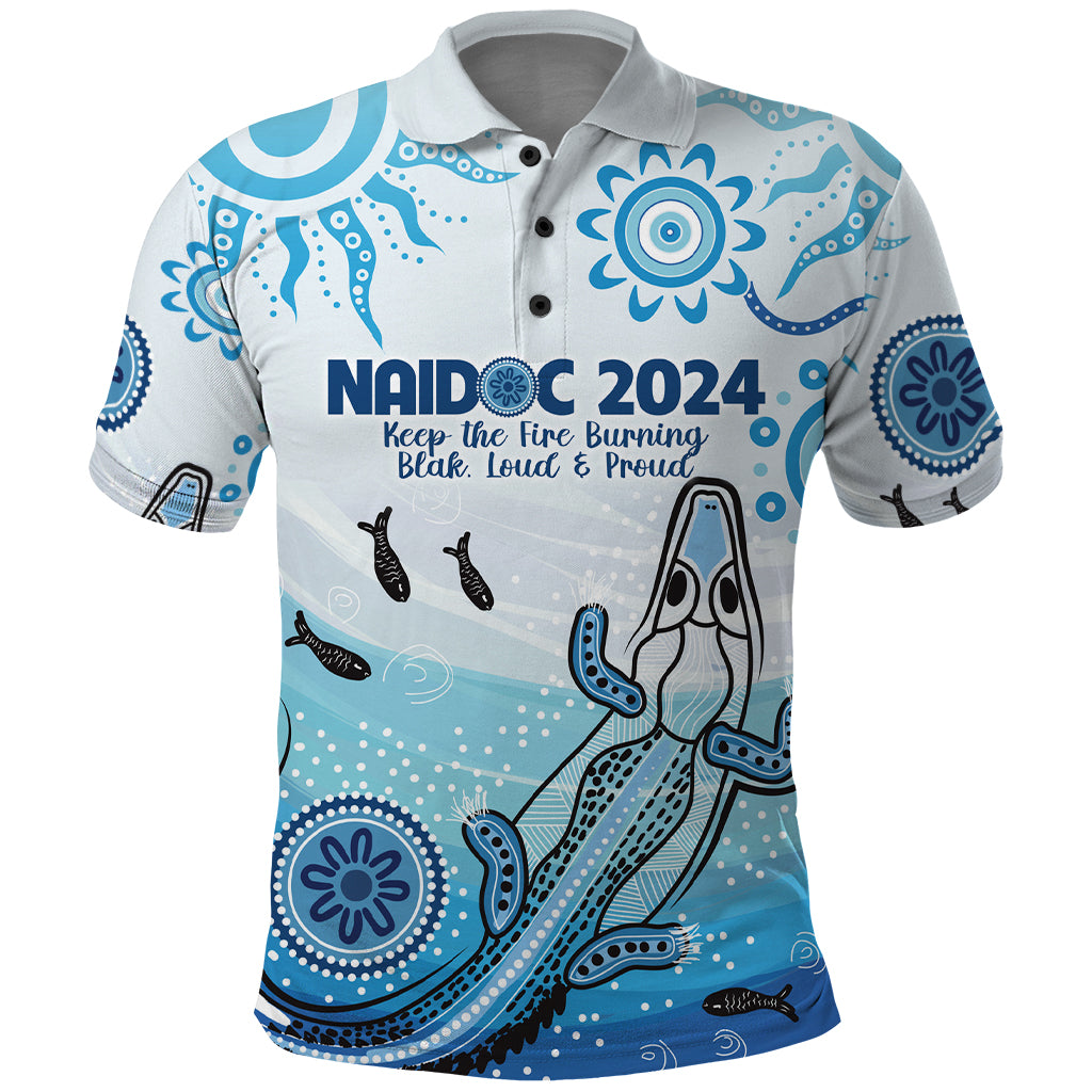 Personalised Keep the Fire Burning NAIDOC 2024 Polo Shirt Aboriginal Dot with Crocodile