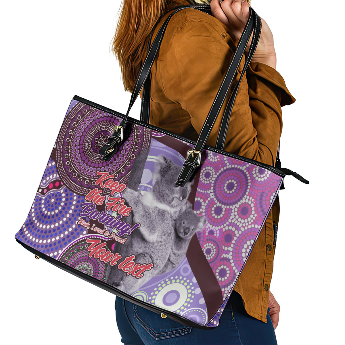 Personalised Australia Koala NAIDOC 2024 Leather Tote Bag Keep the Fire Burning