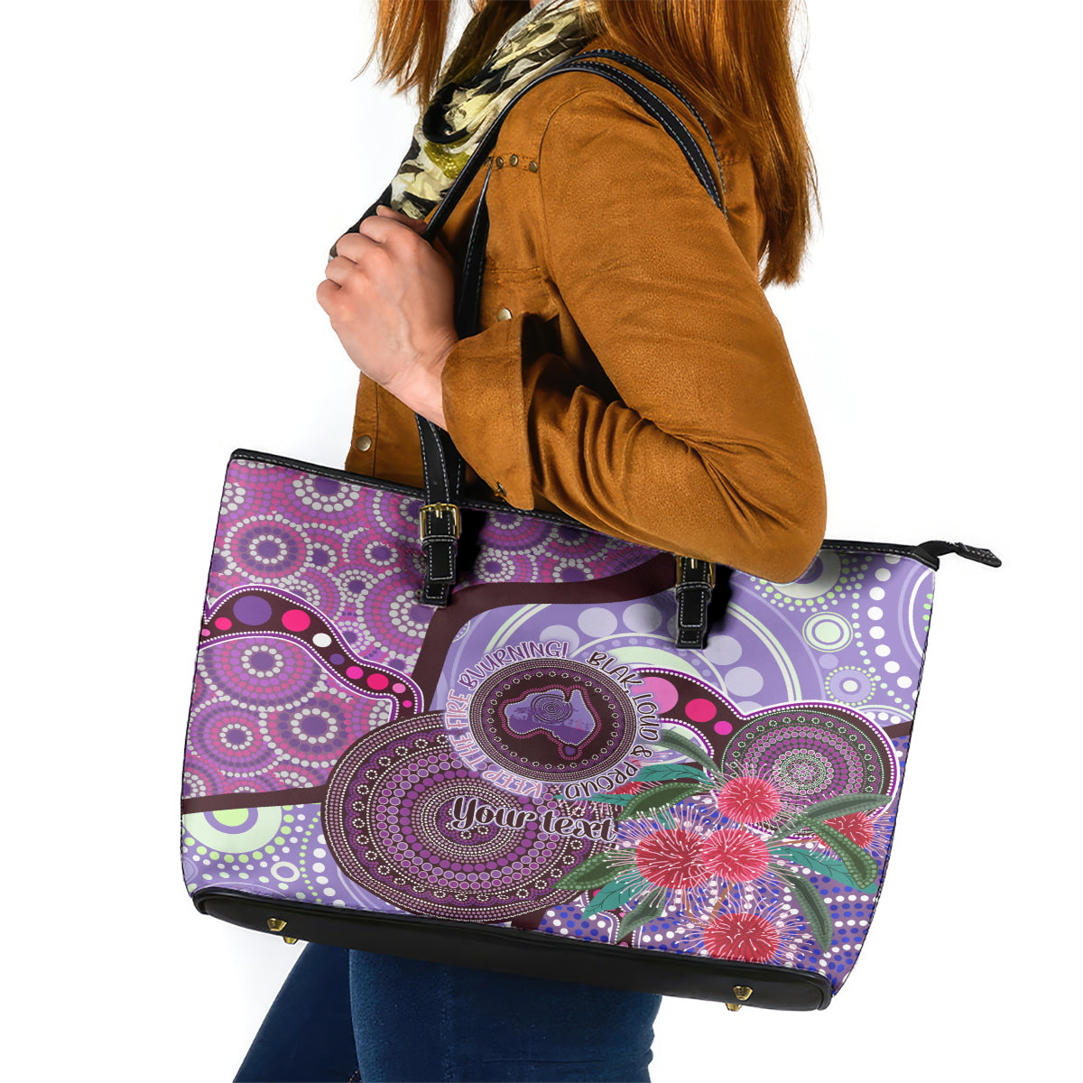 Personalised Australia NAIDOC 2024 Leather Tote Bag Keep the Fire Burning Hakea Flowers