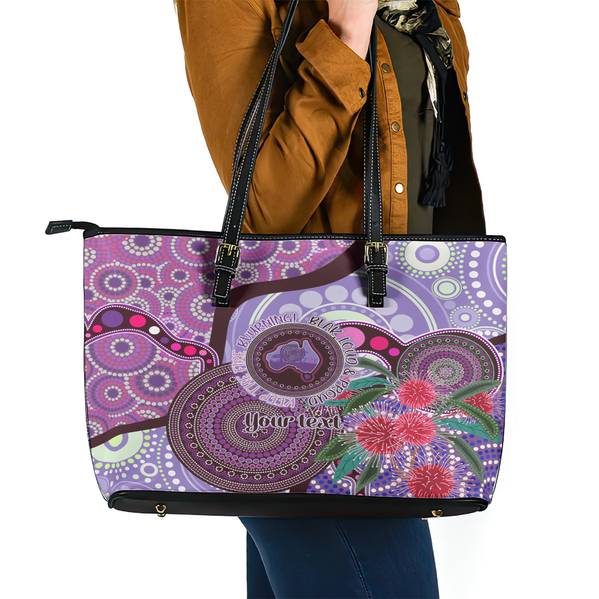 Personalised Australia NAIDOC 2024 Leather Tote Bag Keep the Fire Burning Hakea Flowers