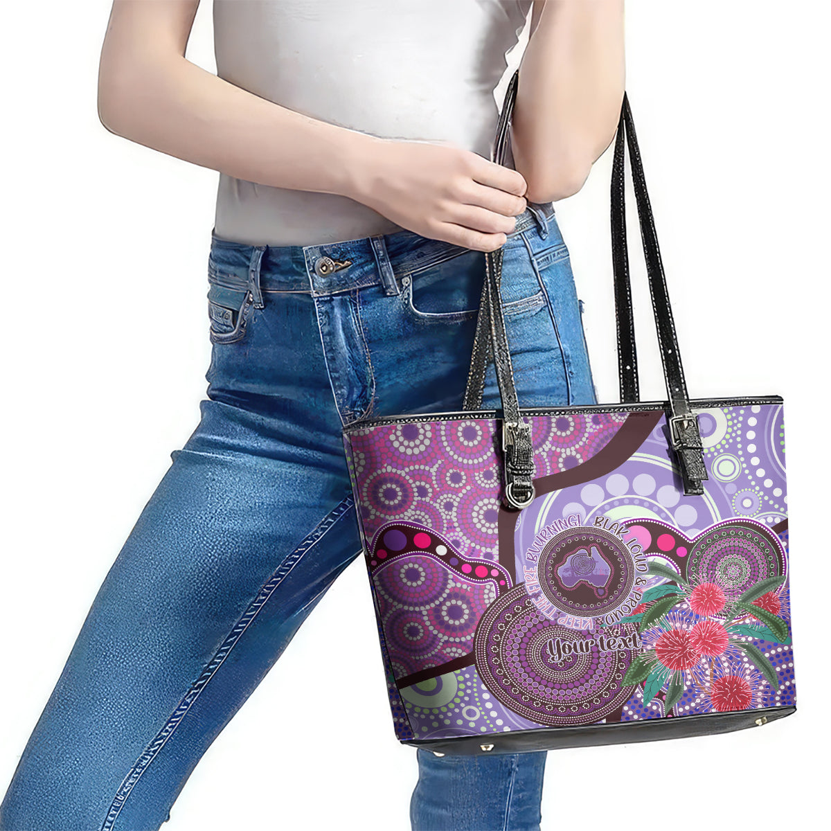 Personalised Australia NAIDOC 2024 Leather Tote Bag Keep the Fire Burning Hakea Flowers