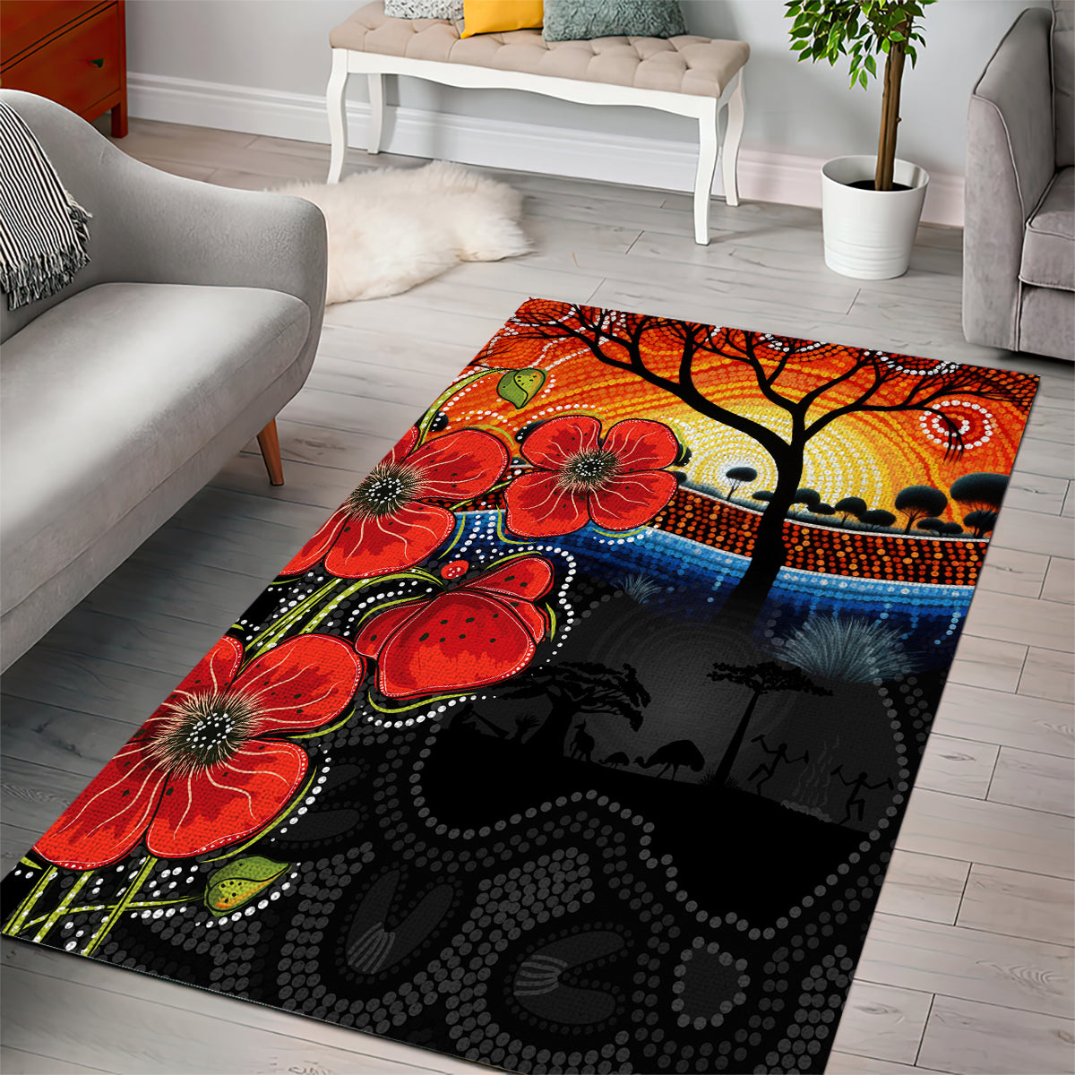 ANZAC Day Australia Poppy Flower Area Rug Aboriginal Style