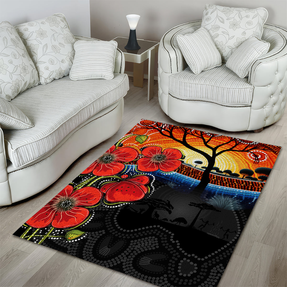 ANZAC Day Australia Poppy Flower Area Rug Aboriginal Style