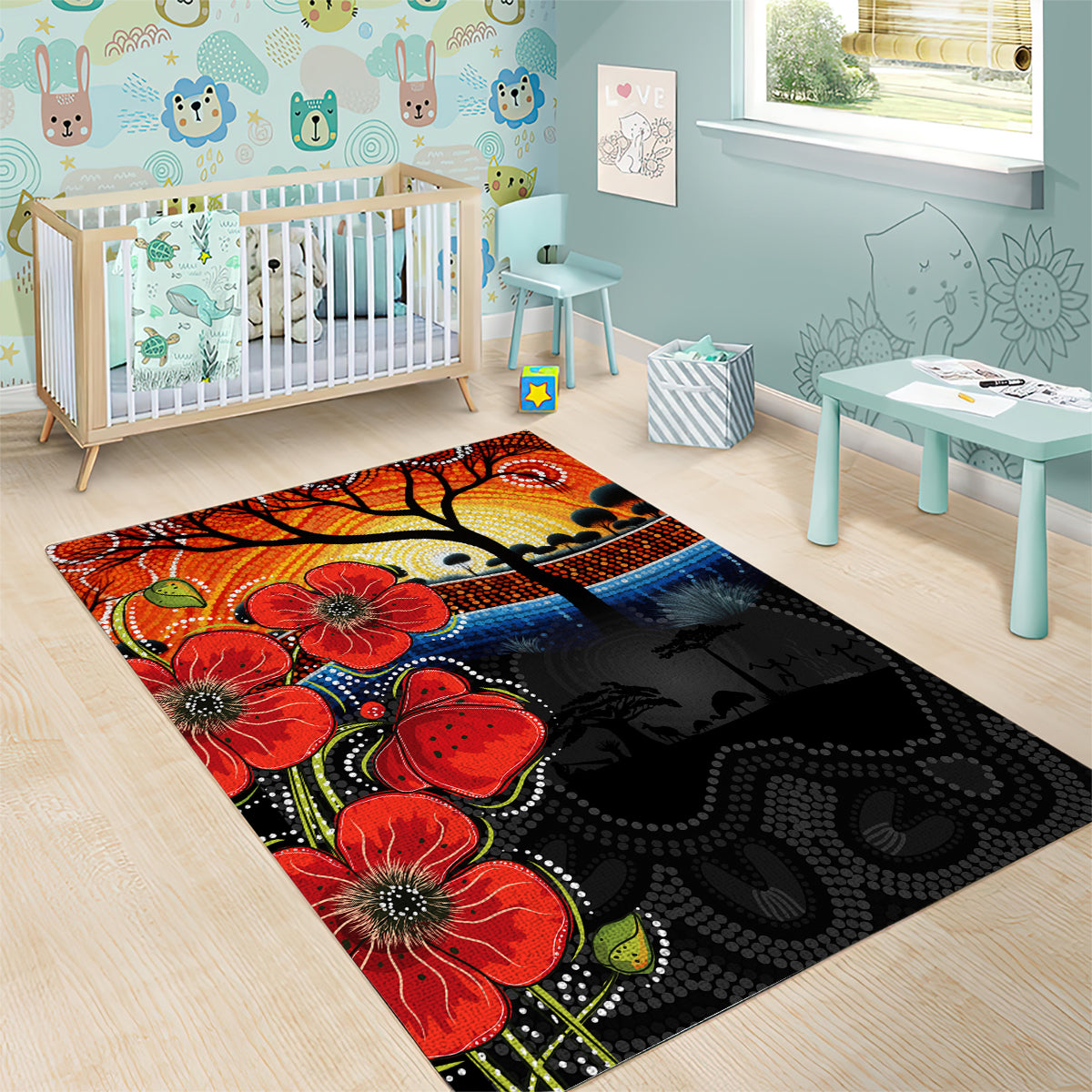 ANZAC Day Australia Poppy Flower Area Rug Aboriginal Style