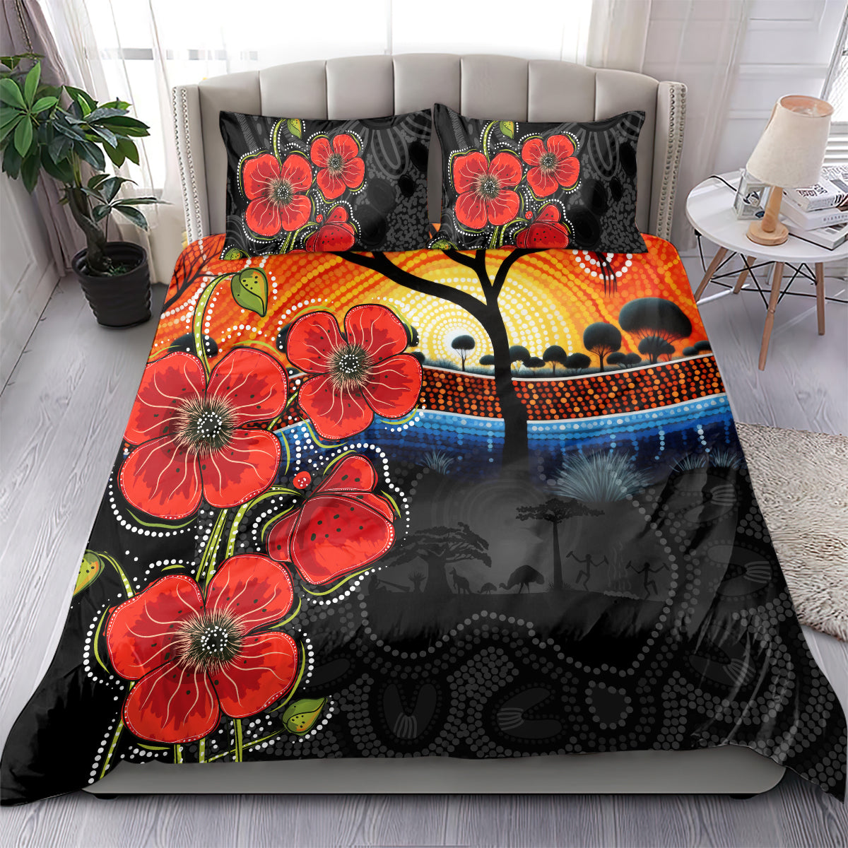 ANZAC Day Australia Poppy Flower Bedding Set Aboriginal Style