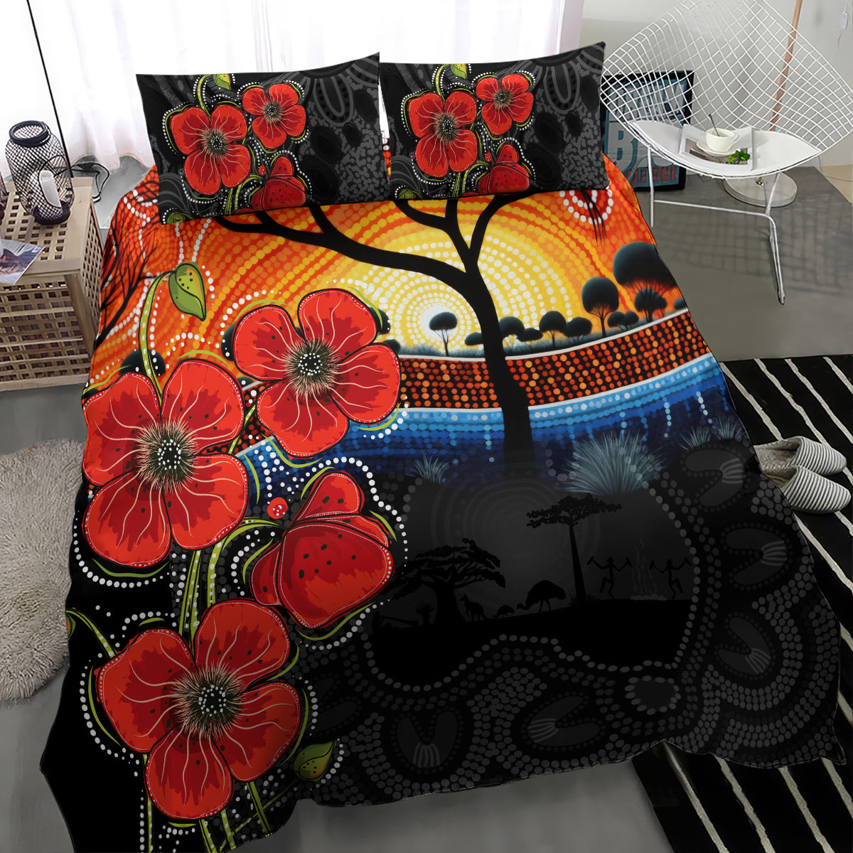 ANZAC Day Australia Poppy Flower Bedding Set Aboriginal Style