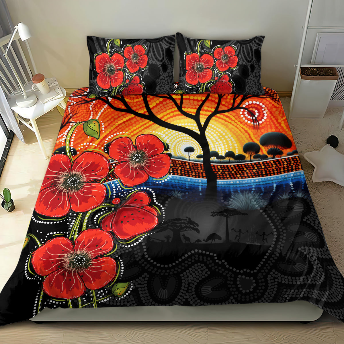 ANZAC Day Australia Poppy Flower Bedding Set Aboriginal Style