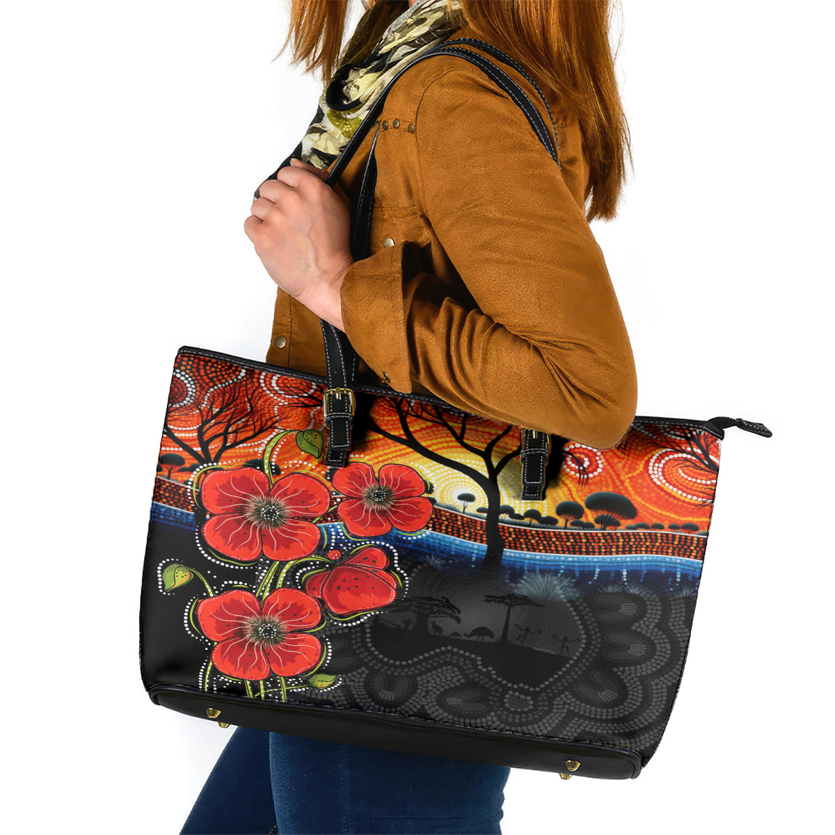 ANZAC Day Australia Poppy Flower Leather Tote Bag Aboriginal Style