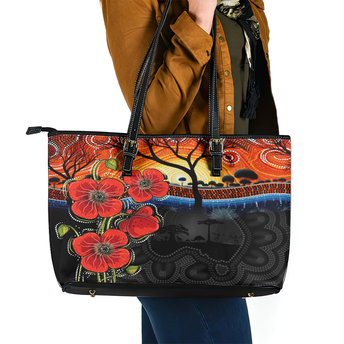 ANZAC Day Australia Poppy Flower Leather Tote Bag Aboriginal Style