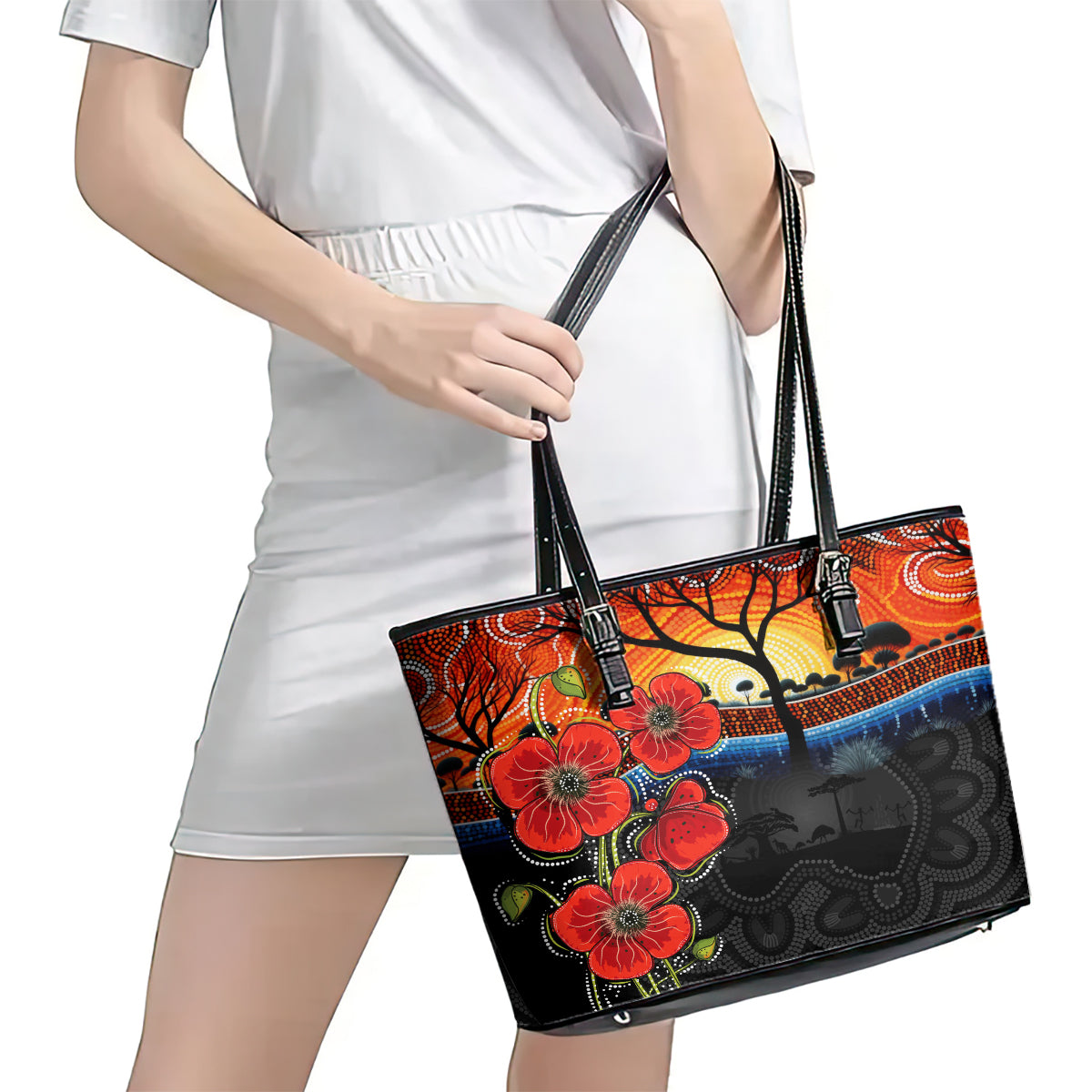 ANZAC Day Australia Poppy Flower Leather Tote Bag Aboriginal Style