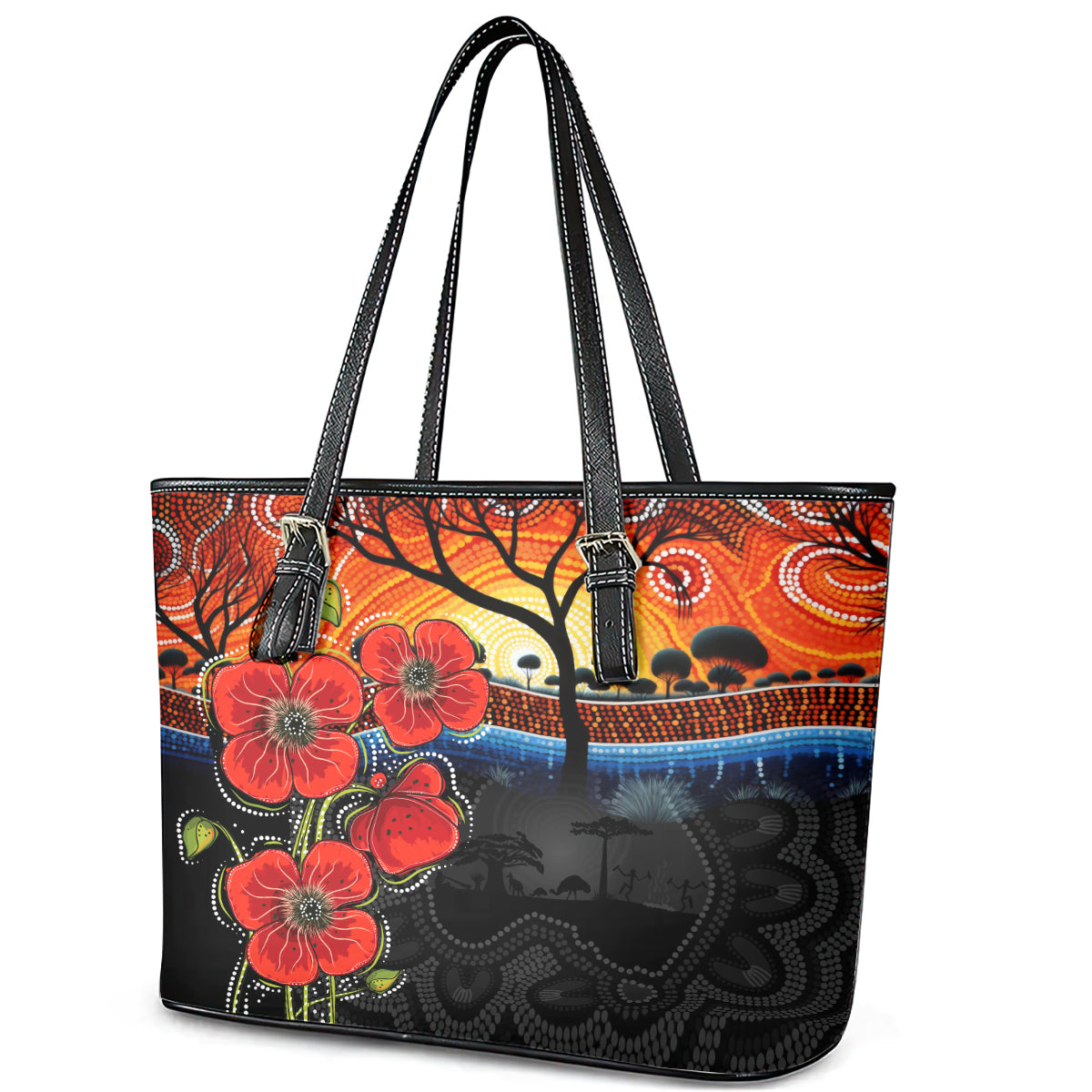 ANZAC Day Australia Poppy Flower Leather Tote Bag Aboriginal Style