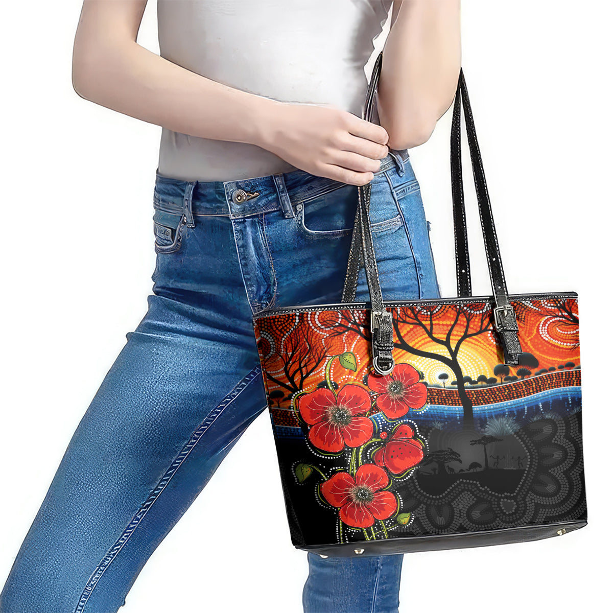 ANZAC Day Australia Poppy Flower Leather Tote Bag Aboriginal Style