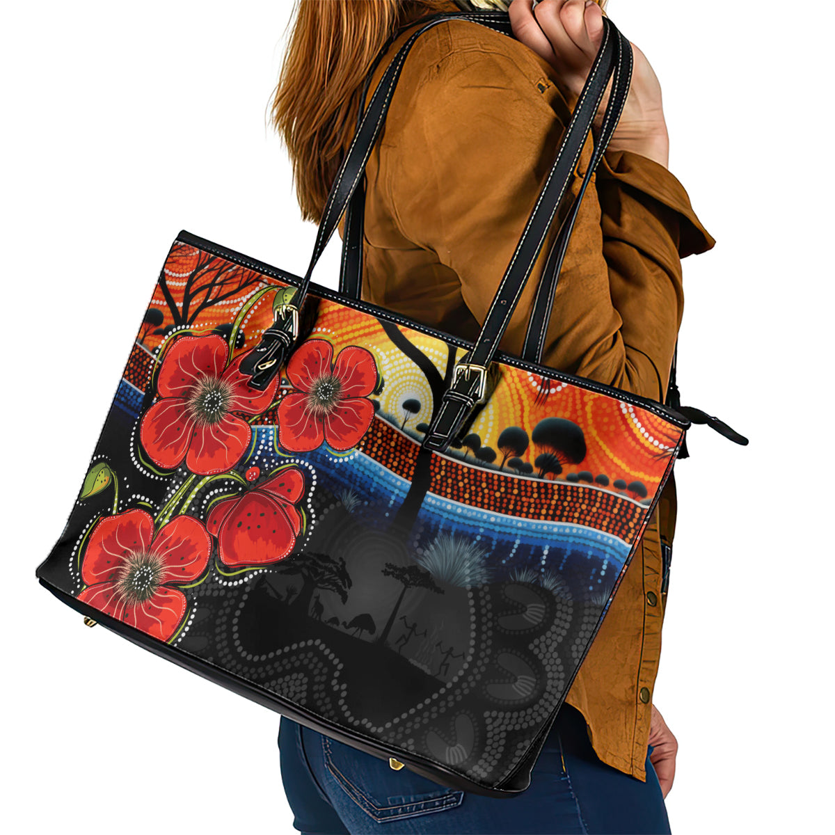 ANZAC Day Australia Poppy Flower Leather Tote Bag Aboriginal Style