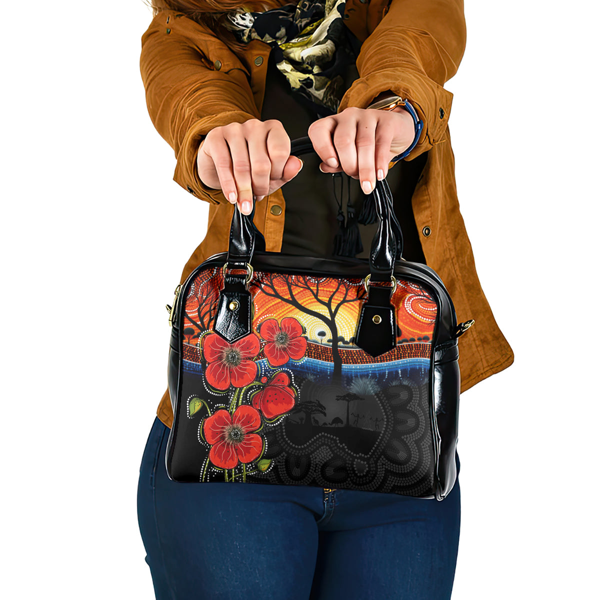 ANZAC Day Australia Poppy Flower Shoulder Handbag Aboriginal Style