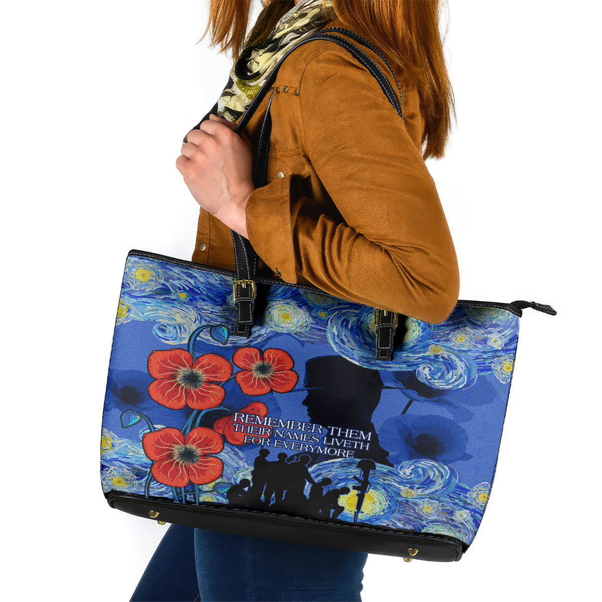 Remember Them ANZAC day Leather Tote Bag Soldier In Starry Night Oil Paint Style