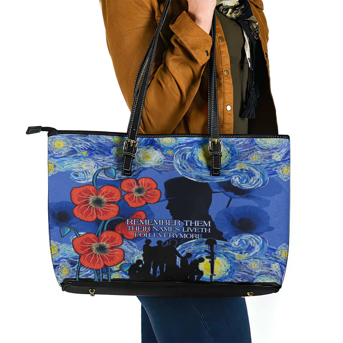 Remember Them ANZAC day Leather Tote Bag Soldier In Starry Night Oil Paint Style