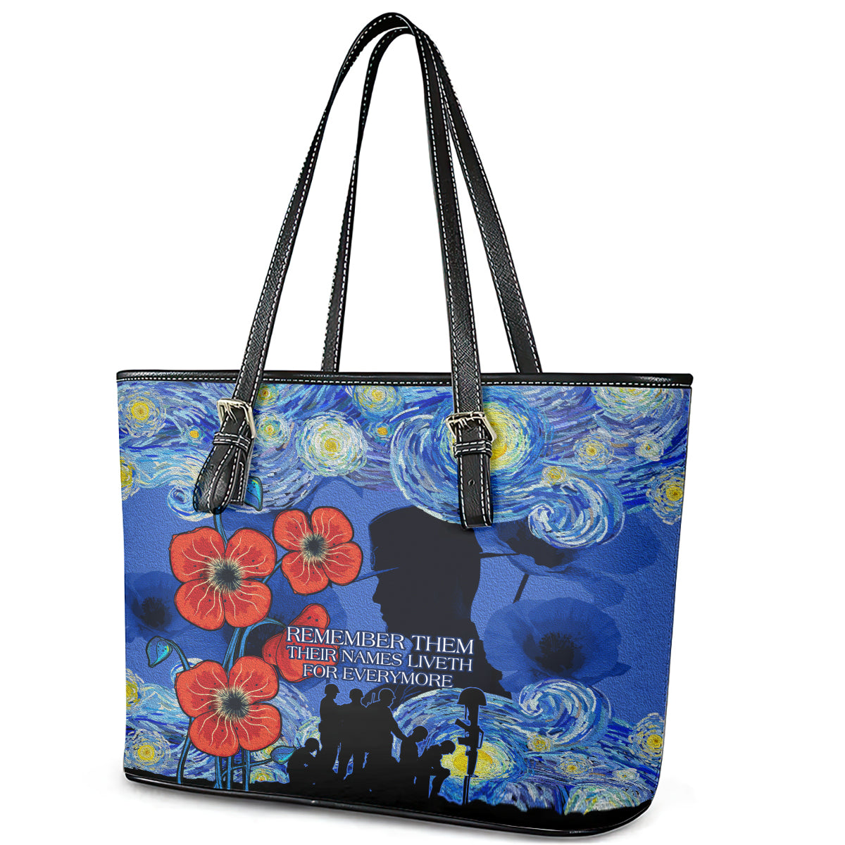 Remember Them ANZAC day Leather Tote Bag Soldier In Starry Night Oil Paint Style