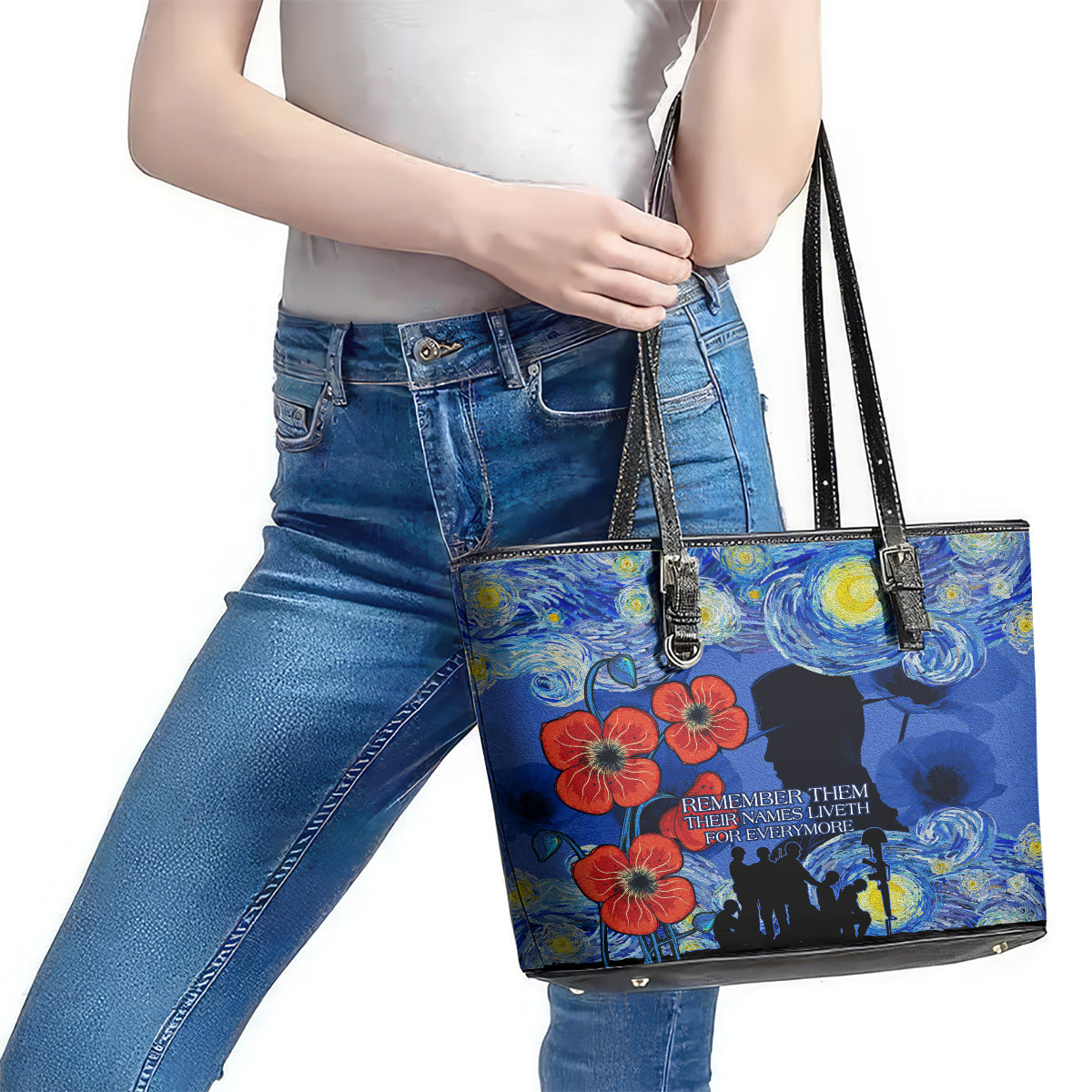 Remember Them ANZAC day Leather Tote Bag Soldier In Starry Night Oil Paint Style