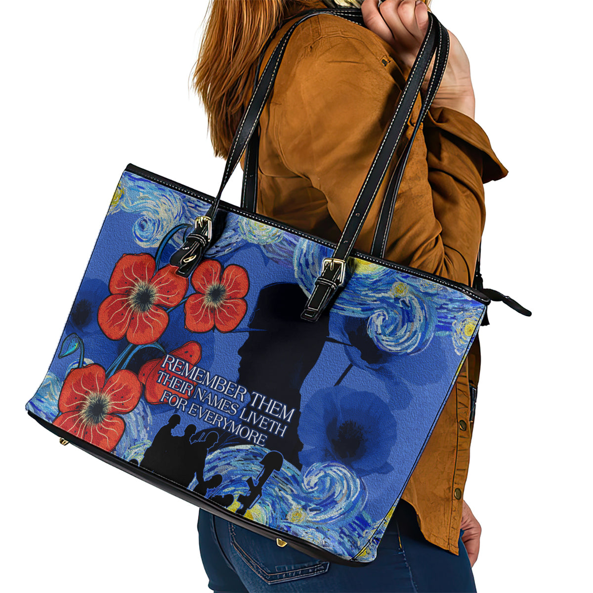 Remember Them ANZAC day Leather Tote Bag Soldier In Starry Night Oil Paint Style