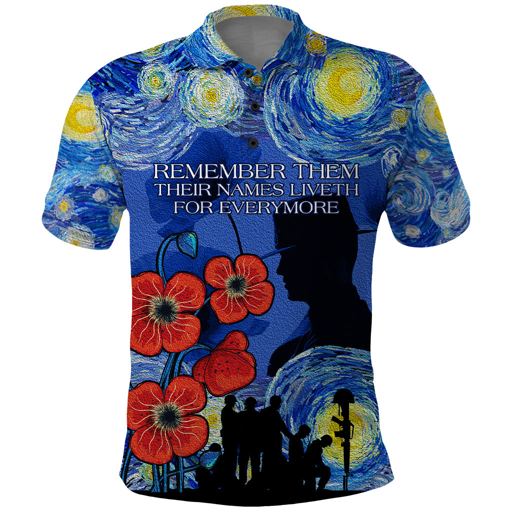 Remember Them ANZAC day Polo Shirt Soldier In Starry Night Oil Paint Style