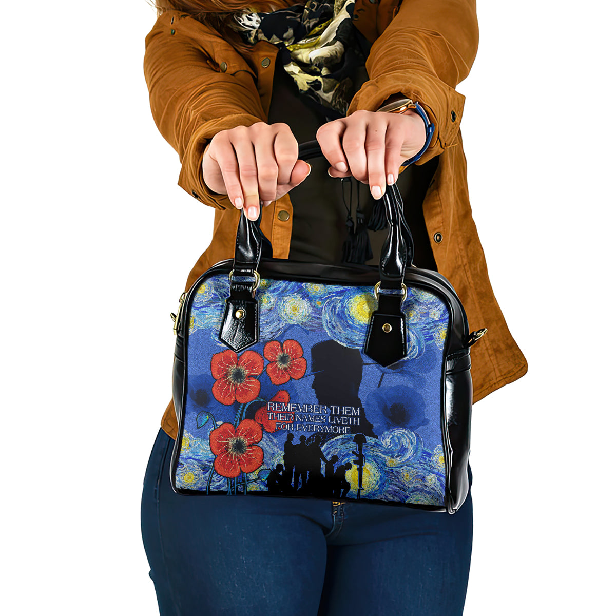 Remember Them ANZAC day Shoulder Handbag Soldier In Starry Night Oil Paint Style