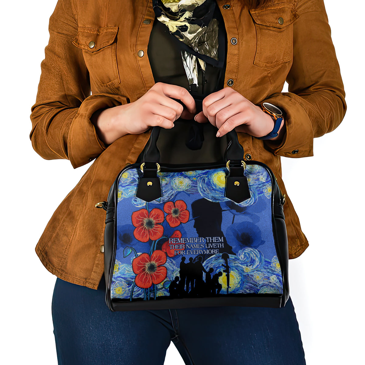 Remember Them ANZAC day Shoulder Handbag Soldier In Starry Night Oil Paint Style