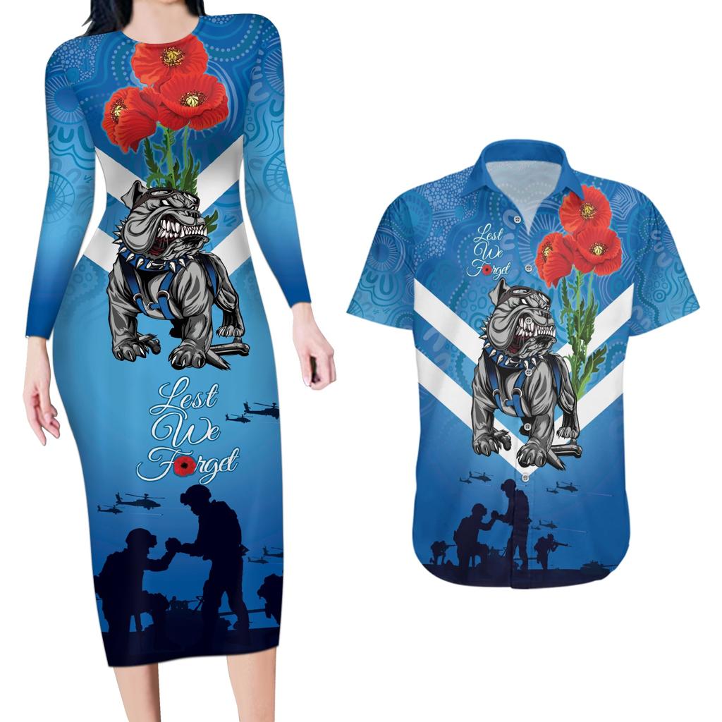 Custom Bulldogs Rugby ANZAC Couples Matching Long Sleeve Bodycon Dress and Hawaiian Shirt The Military Soldiers with Aboriginal Style