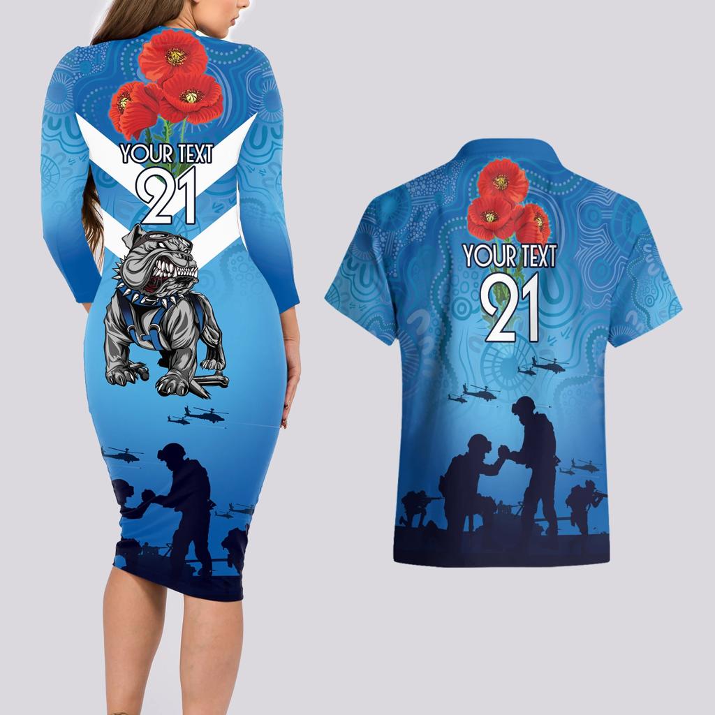 Custom Bulldogs Rugby ANZAC Couples Matching Long Sleeve Bodycon Dress and Hawaiian Shirt The Military Soldiers with Aboriginal Style