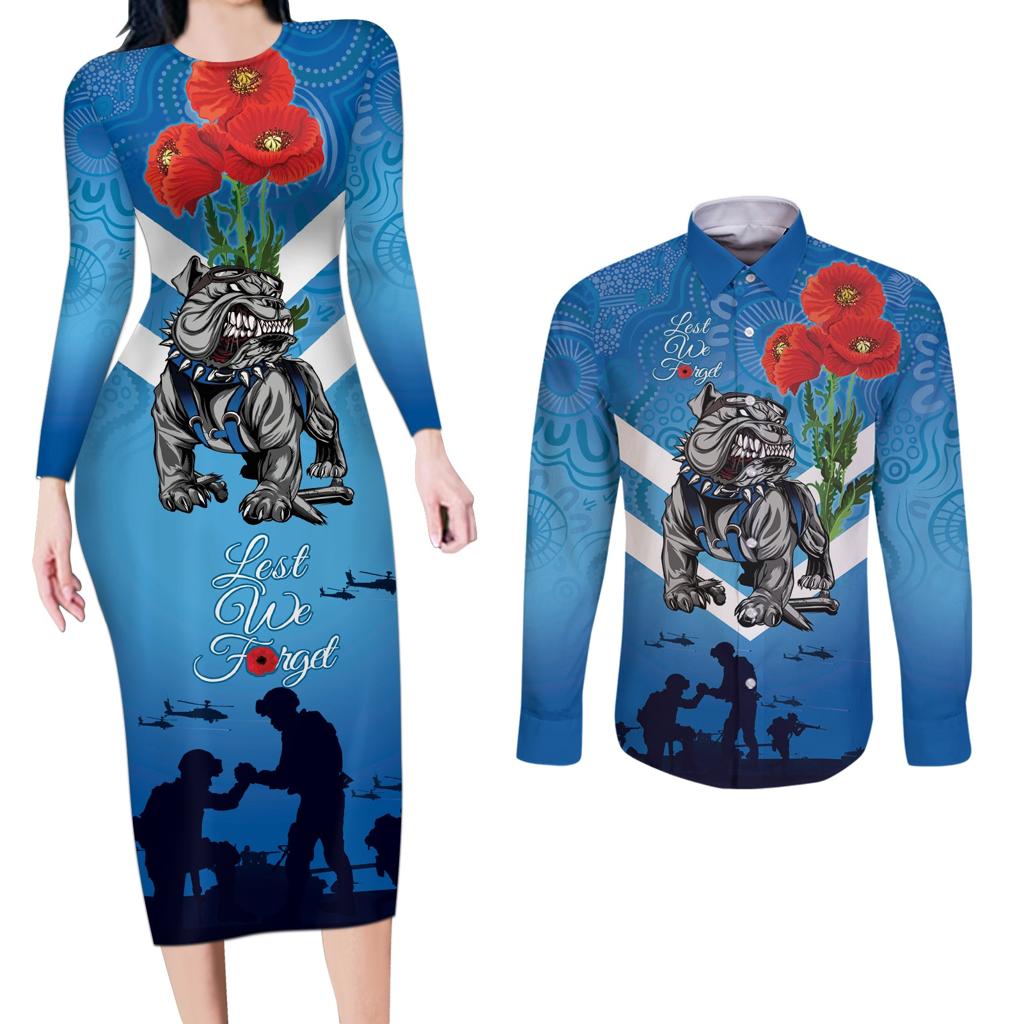 Custom Bulldogs Rugby ANZAC Couples Matching Long Sleeve Bodycon Dress and Long Sleeve Button Shirt The Military Soldiers with Aboriginal Style