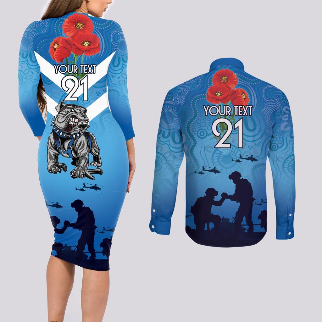 Custom Bulldogs Rugby ANZAC Couples Matching Long Sleeve Bodycon Dress and Long Sleeve Button Shirt The Military Soldiers with Aboriginal Style