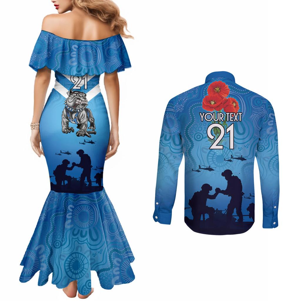 Custom Bulldogs Rugby ANZAC Couples Matching Mermaid Dress and Long Sleeve Button Shirt The Military Soldiers with Aboriginal Style