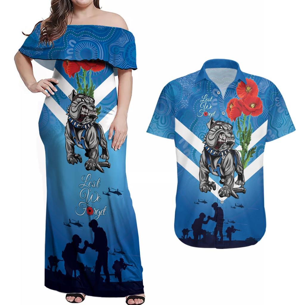 Custom Bulldogs Rugby ANZAC Couples Matching Off Shoulder Maxi Dress and Hawaiian Shirt The Military Soldiers with Aboriginal Style