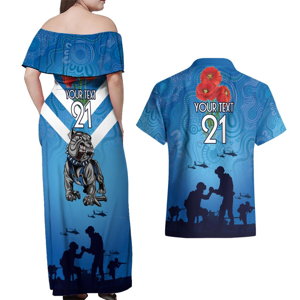 Custom Bulldogs Rugby ANZAC Couples Matching Off Shoulder Maxi Dress and Hawaiian Shirt The Military Soldiers with Aboriginal Style