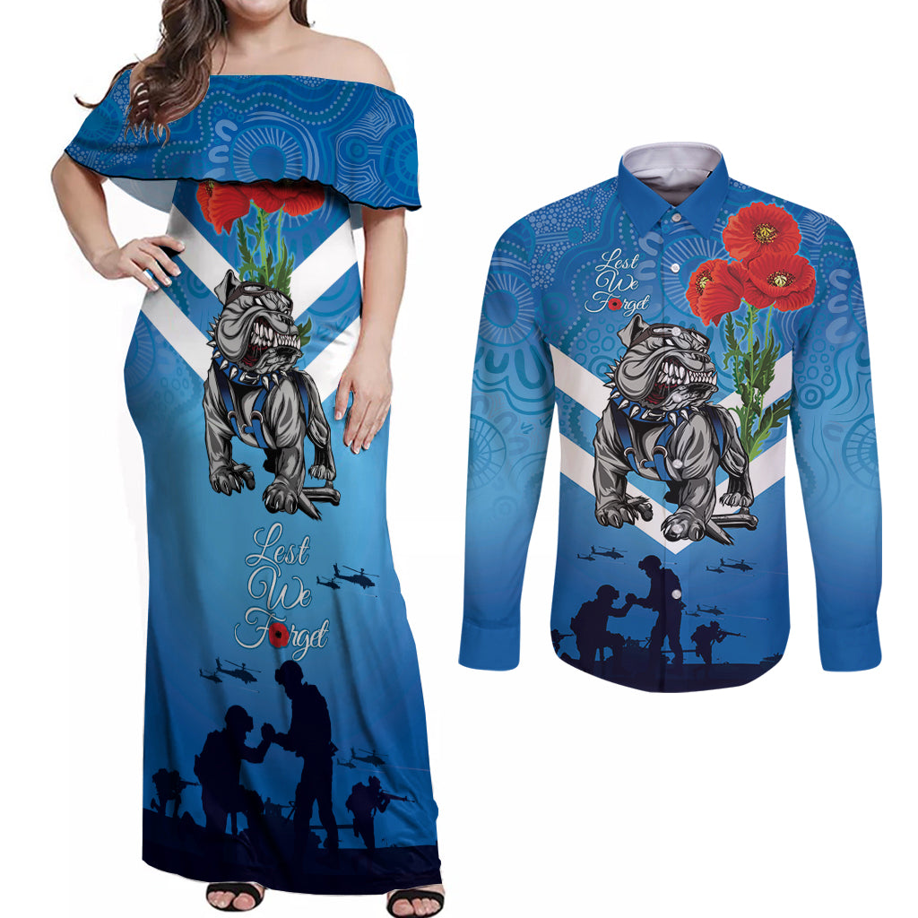 Custom Bulldogs Rugby ANZAC Couples Matching Off Shoulder Maxi Dress and Long Sleeve Button Shirt The Military Soldiers with Aboriginal Style