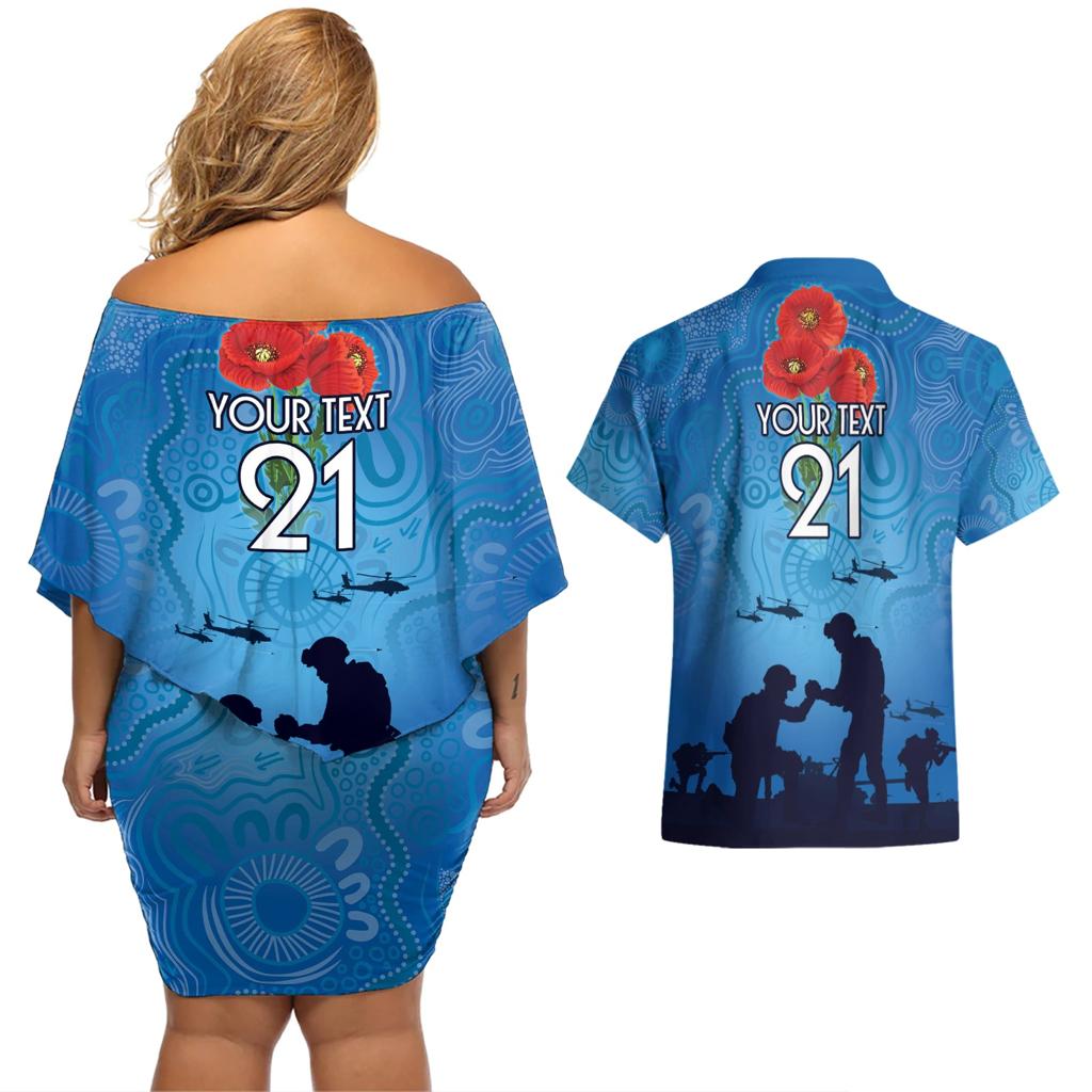 Custom Bulldogs Rugby ANZAC Couples Matching Off Shoulder Short Dress and Hawaiian Shirt The Military Soldiers with Aboriginal Style