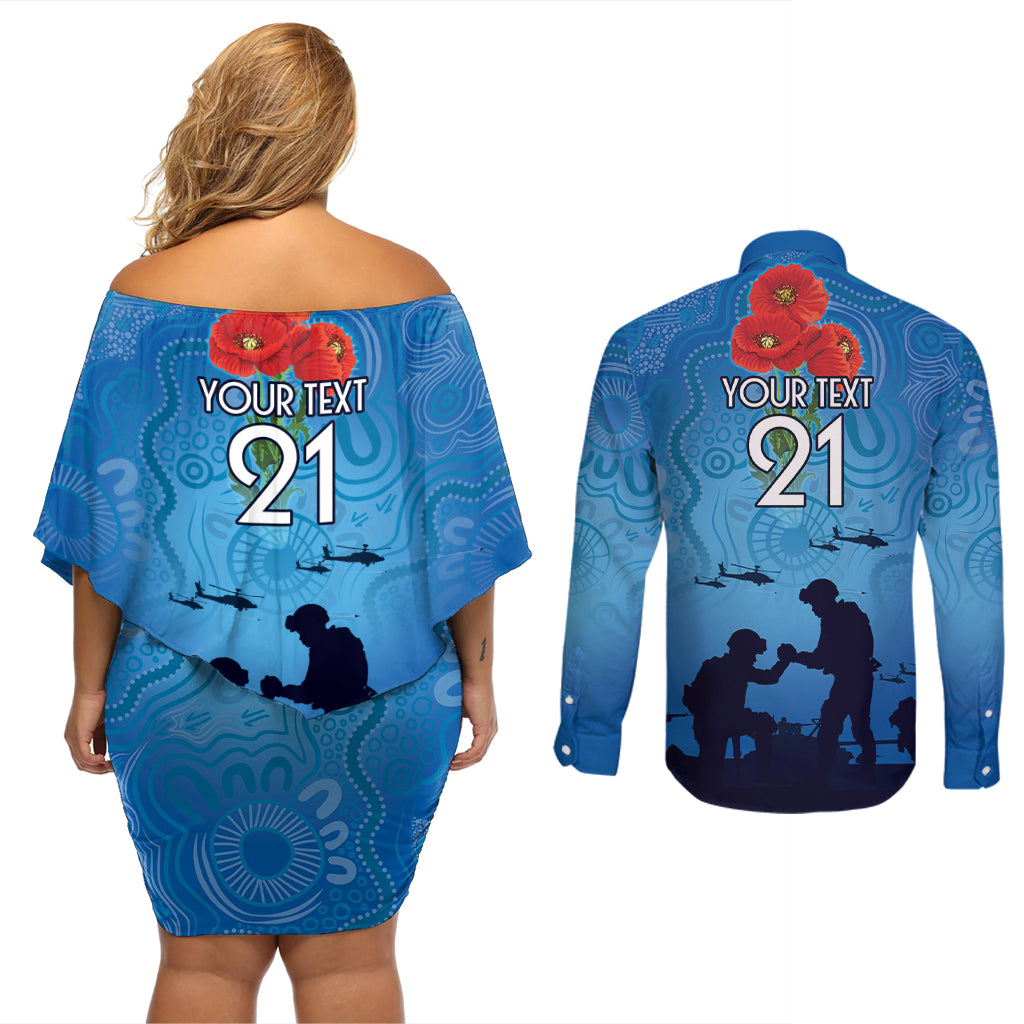 Custom Bulldogs Rugby ANZAC Couples Matching Off Shoulder Short Dress and Long Sleeve Button Shirt The Military Soldiers with Aboriginal Style