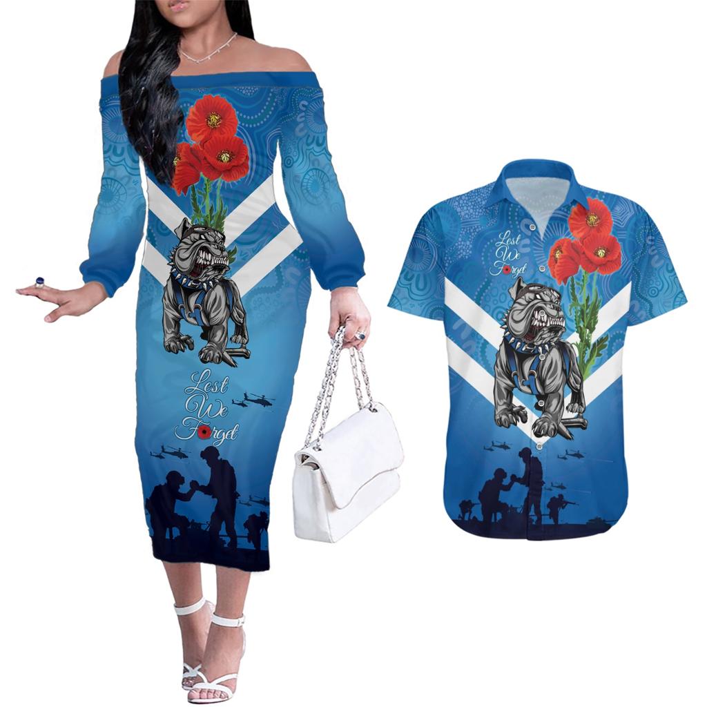 Custom Bulldogs Rugby ANZAC Couples Matching Off The Shoulder Long Sleeve Dress and Hawaiian Shirt The Military Soldiers with Aboriginal Style