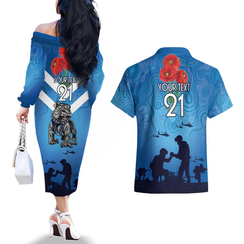 Custom Bulldogs Rugby ANZAC Couples Matching Off The Shoulder Long Sleeve Dress and Hawaiian Shirt The Military Soldiers with Aboriginal Style