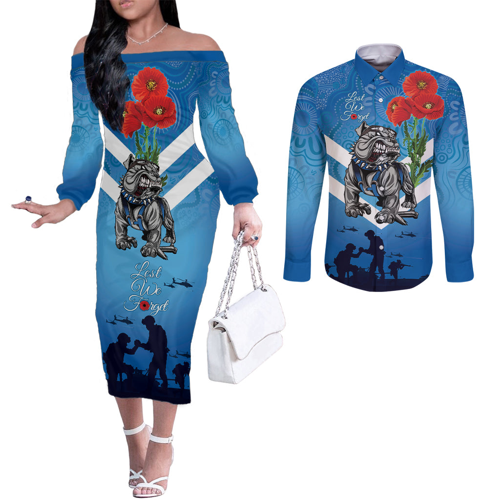 Custom Bulldogs Rugby ANZAC Couples Matching Off The Shoulder Long Sleeve Dress and Long Sleeve Button Shirt The Military Soldiers with Aboriginal Style