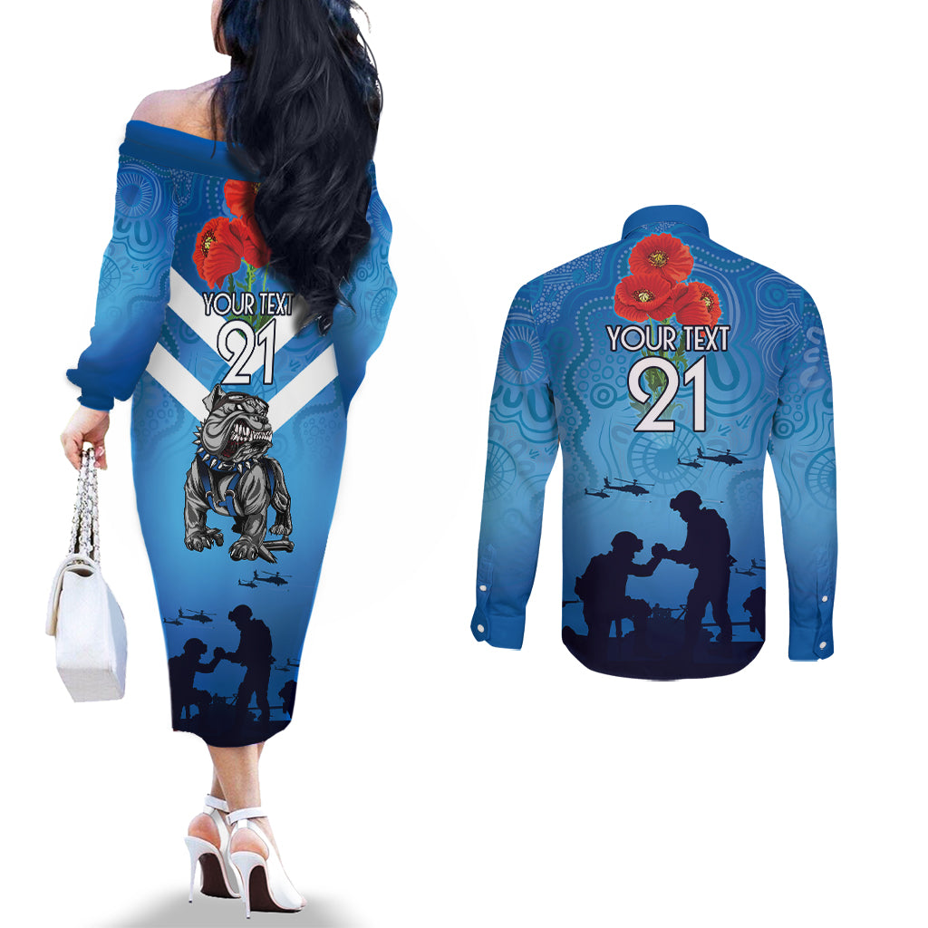 Custom Bulldogs Rugby ANZAC Couples Matching Off The Shoulder Long Sleeve Dress and Long Sleeve Button Shirt The Military Soldiers with Aboriginal Style