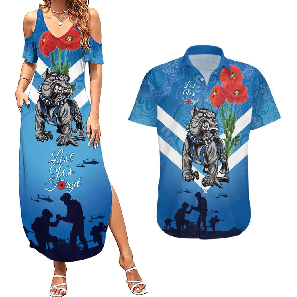 Custom Bulldogs Rugby ANZAC Couples Matching Summer Maxi Dress and Hawaiian Shirt The Military Soldiers with Aboriginal Style